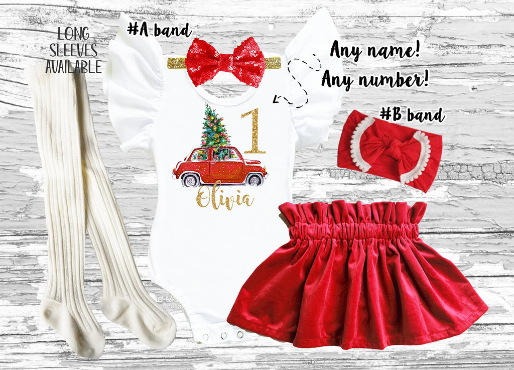 1st birthday Girl Outfit, Personalized Christmas girl birthday set, Red Truck baby Christmas floral girl outfit, Christmas girl outfit