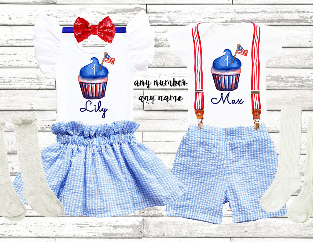 4th of July CUPCAKE twins seersucker outfit