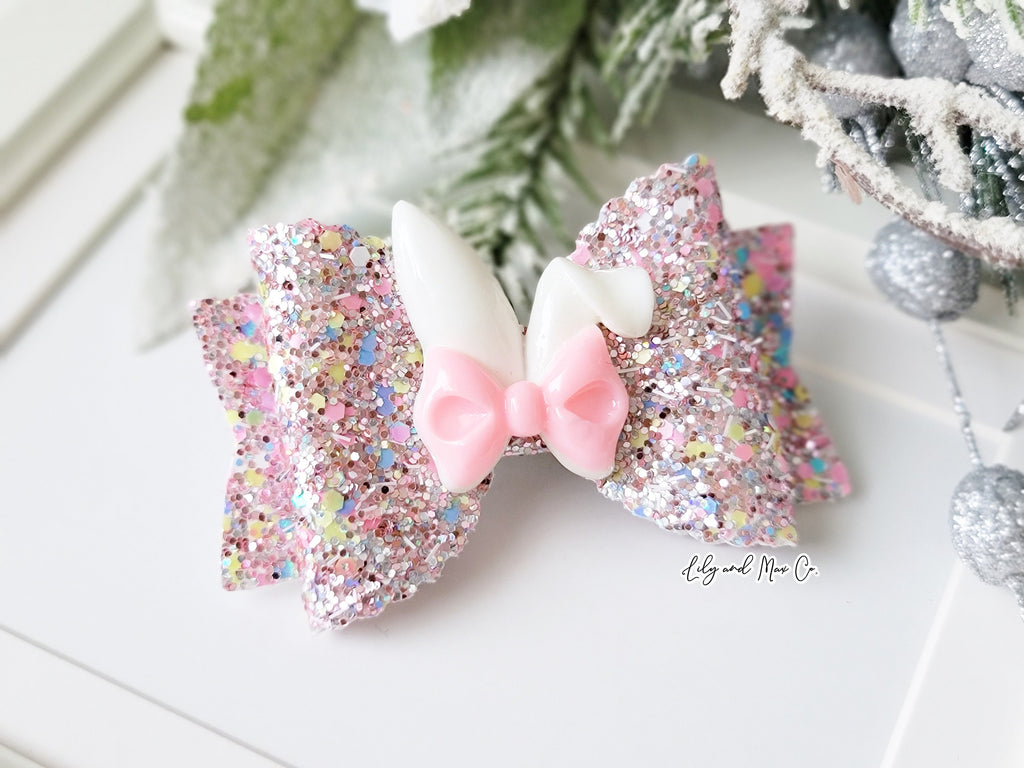 Easter bunny glitter leather bow clip
