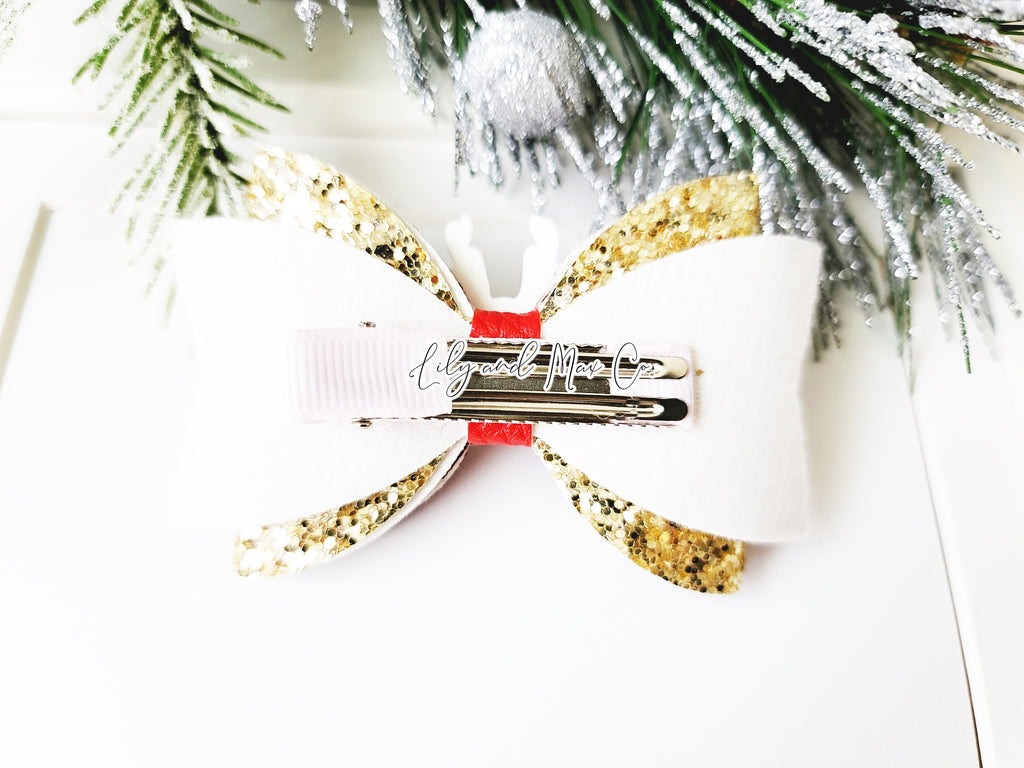 Christmas bow clip reindeer glitter leather bow alligator clip