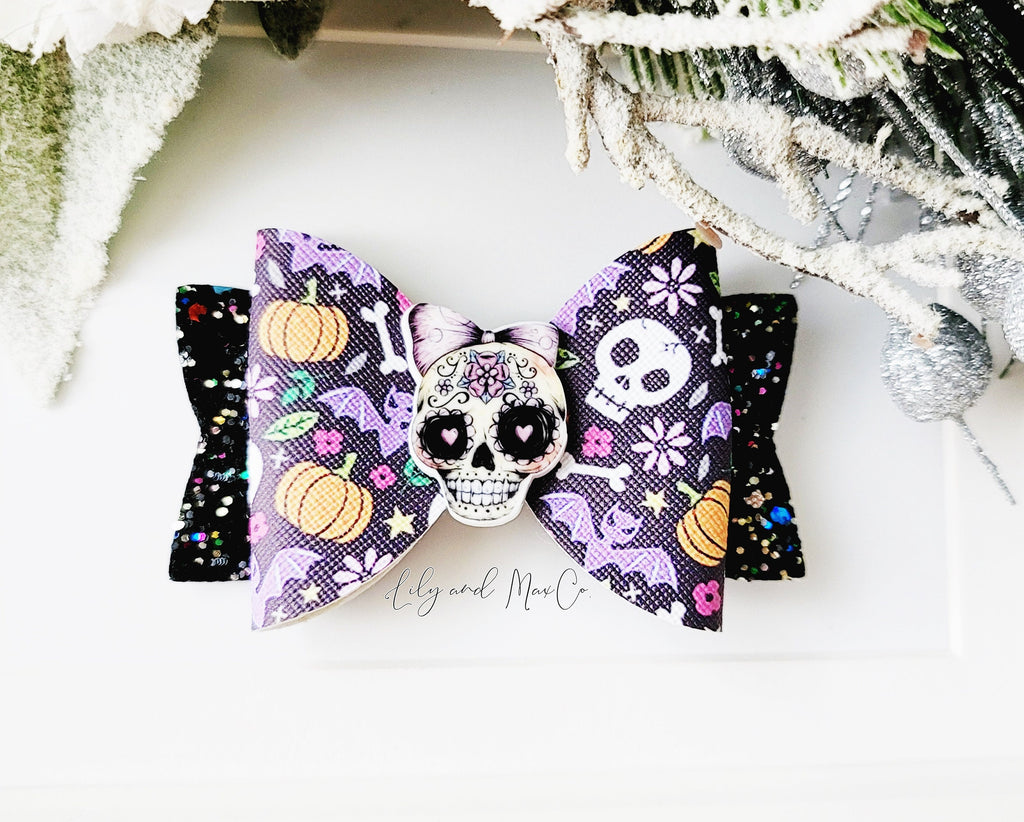 Halloween skull glitter leather bow clip